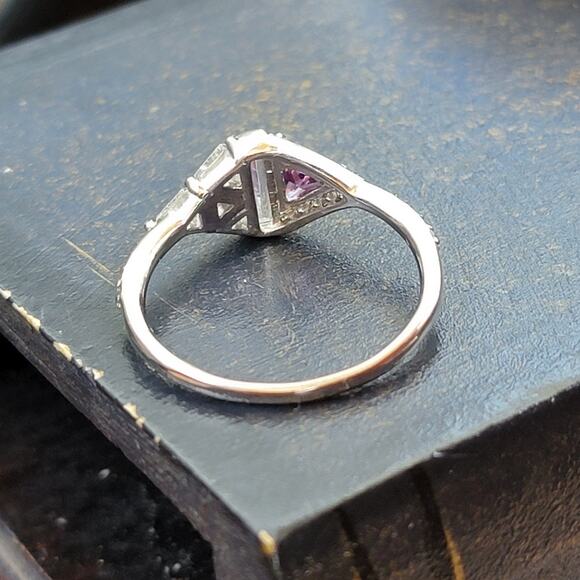 Rhodium Plated Simulated Amethyst and Diamond Ring - Size 9 - Geometric Glamour - Picture 6 of 7